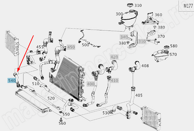 Шланг системы охлаждения от переключающего клапана к охладителю воздуха Mercedes Шланг системы охлаждения от переключающего клапана к охладителю воздуха Mercedes