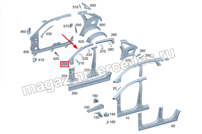 Передняя стойка кузова снаружи сверху справа Передняя стойка кузова снаружи сверху справа